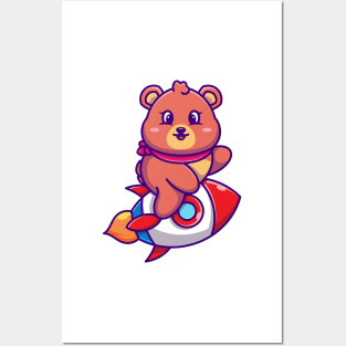 Cute bear riding rocket cartoon Posters and Art